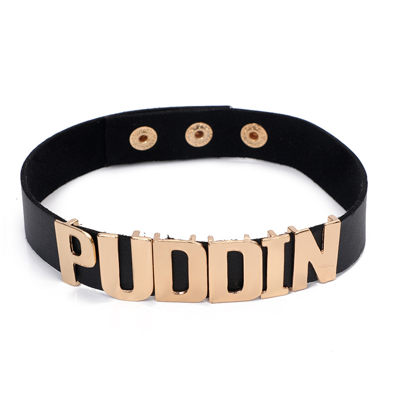 

2017 Puddin Choker Necklace Women Fashion Halloween Cosplay Black White Leather Torques Collar Necklaces Letter Jewelry