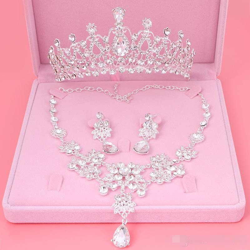 

cheap Set Crowns Necklace Earrings Alloy Crystal Sequined Bridal Jewelry Accessories 2019 Free Shipping Wedding Tiaras Headpieces Hair, Silver
