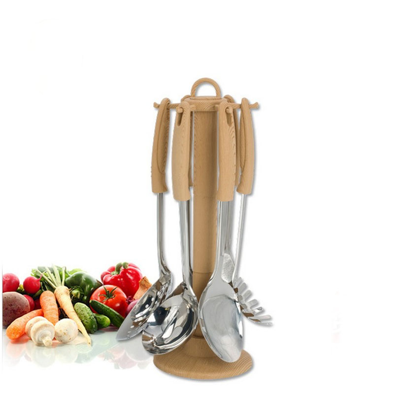 Nouveau ensemble d'outils de cuisine en acier inoxydable 7 pièces ustensile de cuisine avec support à assiettes cuillère à soupe à fente manquant