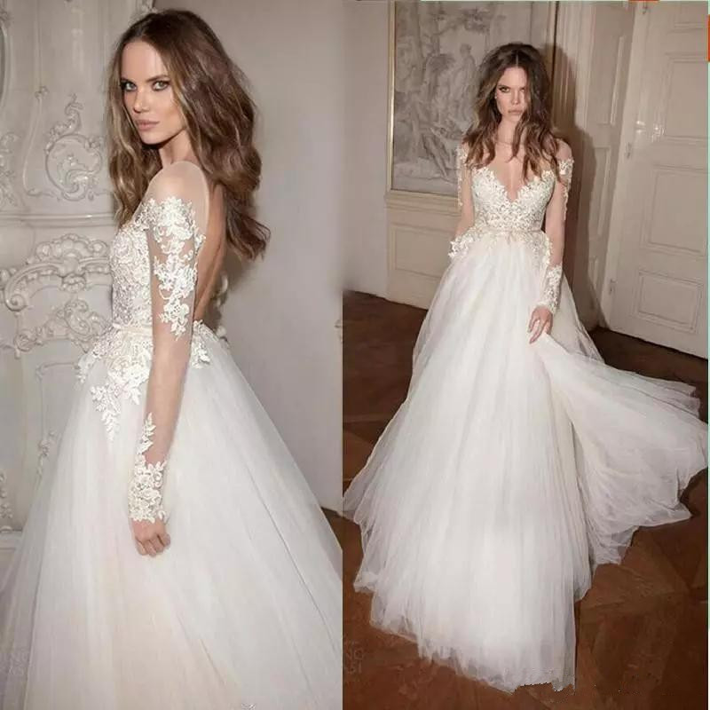 

Modest Berta A-line Wedding Dresses Sheer Jewel Lace Wedding Gowns Long Sleeves Sweep Train Appliqued Backless Bridal Dress, Red