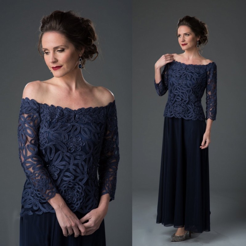 

Navy Blue 3/4 Long Sleeve Mother The Bride Dress Off Shoulder Applique Tea Length Plus Size Wedding Guest Dress Evening Gown Mother's Cloth