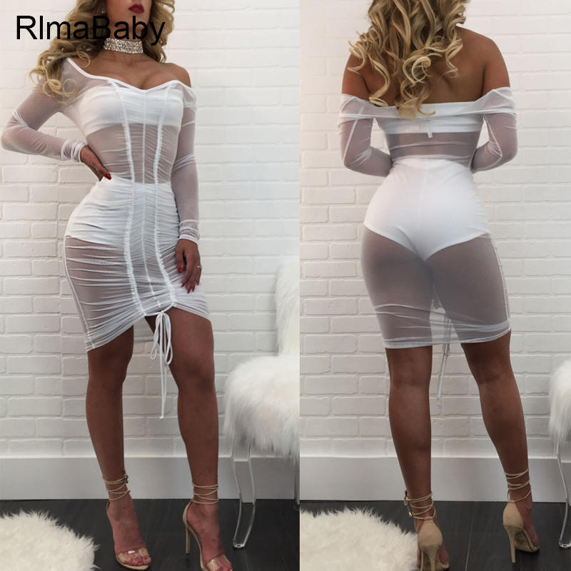

Wholesale- Sexy Summer Lace Up Black Mesh Dress Deep V Neck Long Sleeve Bandage See Through Bodycon Women Vestidos Beach Party Dresses 2017