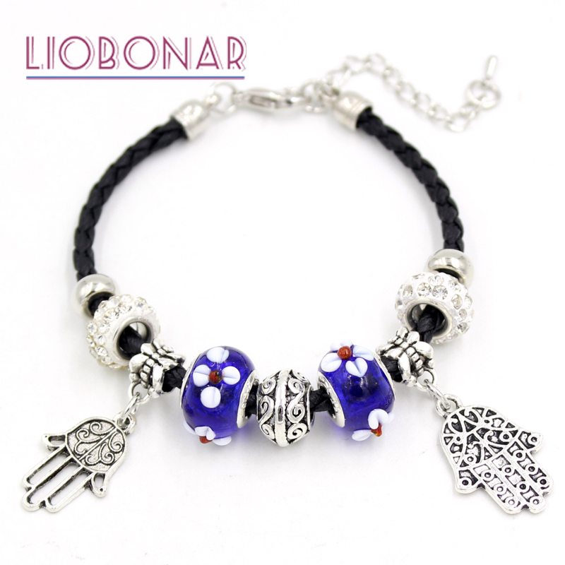 Nouvelle Arrivée Bleu Murano Verre Perle Tresse Bracelet En Cuir Inspiré Hamsa Mains Charme Bracelet pour femmes Bijoux Cadeau Pulsera Bijoux