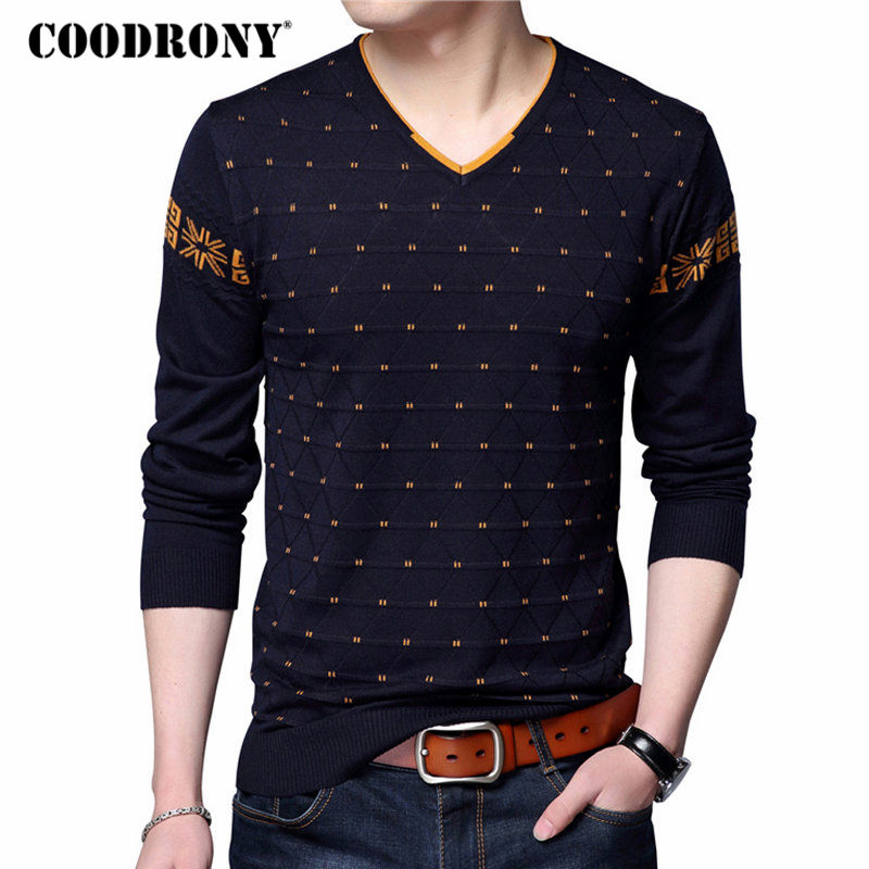 

x201711 COODRONY Mens Sweaters Wool Pullover Men Brand Clothing Casual V-Neck Sweater Men Dot Pattern Long Sleeve Cotton Shirt Male 7131, Yellow