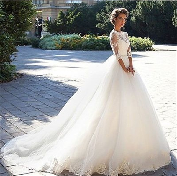 Robes de mariée en dentelle grande taille 2017 une ligne 3/4 longue robe de bal sans manches robes de mariée élégantes robe de noiva