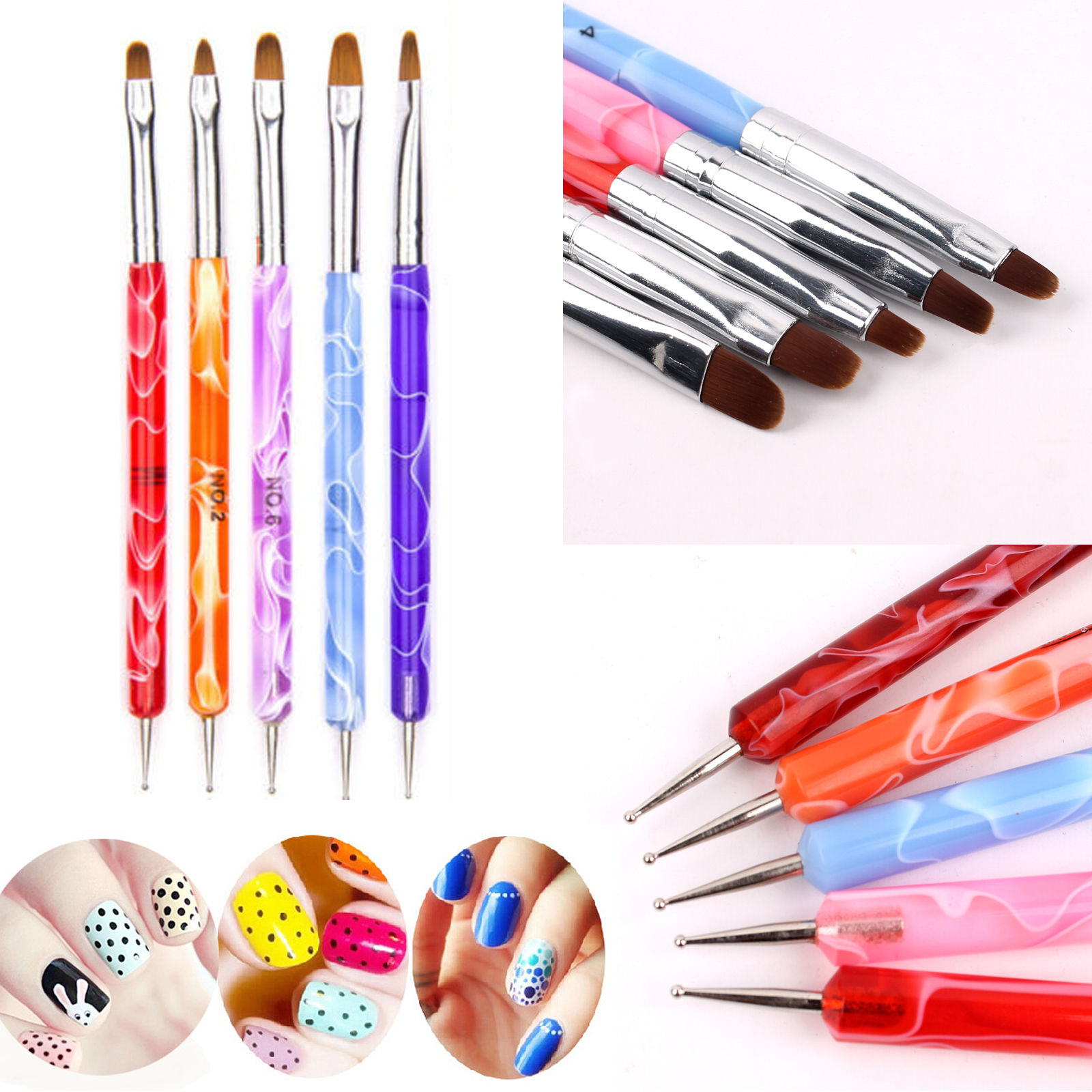 5 PCS 2-way Marbleizing UV Gel Nail Art Dotting Painting Brush Pen Set 5 Size #R498-image-403114427