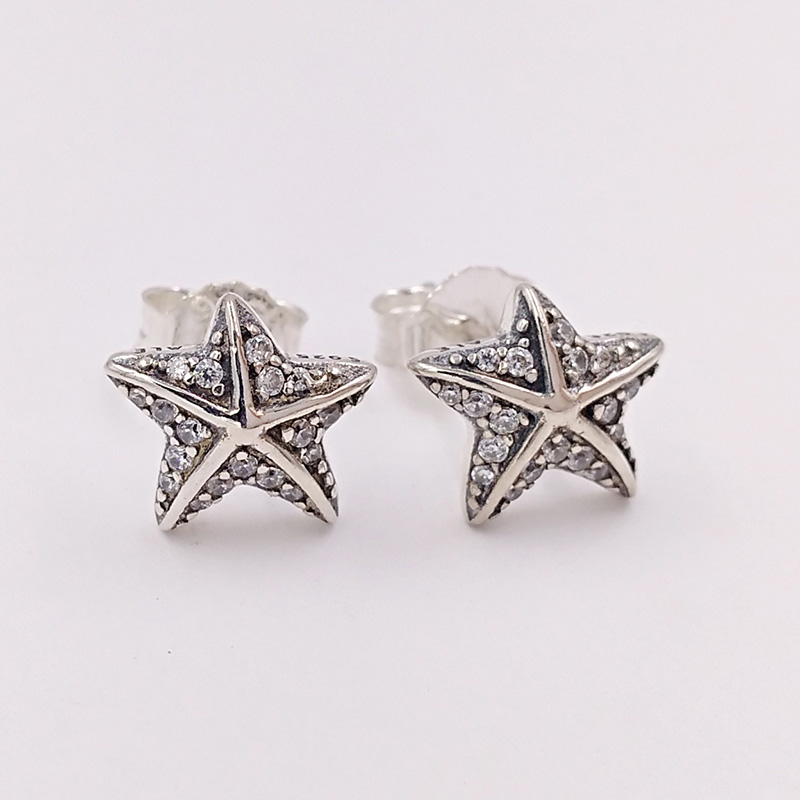 Conjunto pave Cubic Zirconia Pendientes de Plata de 925 estrellas estrellas de mar espárragos Caja De Regalo