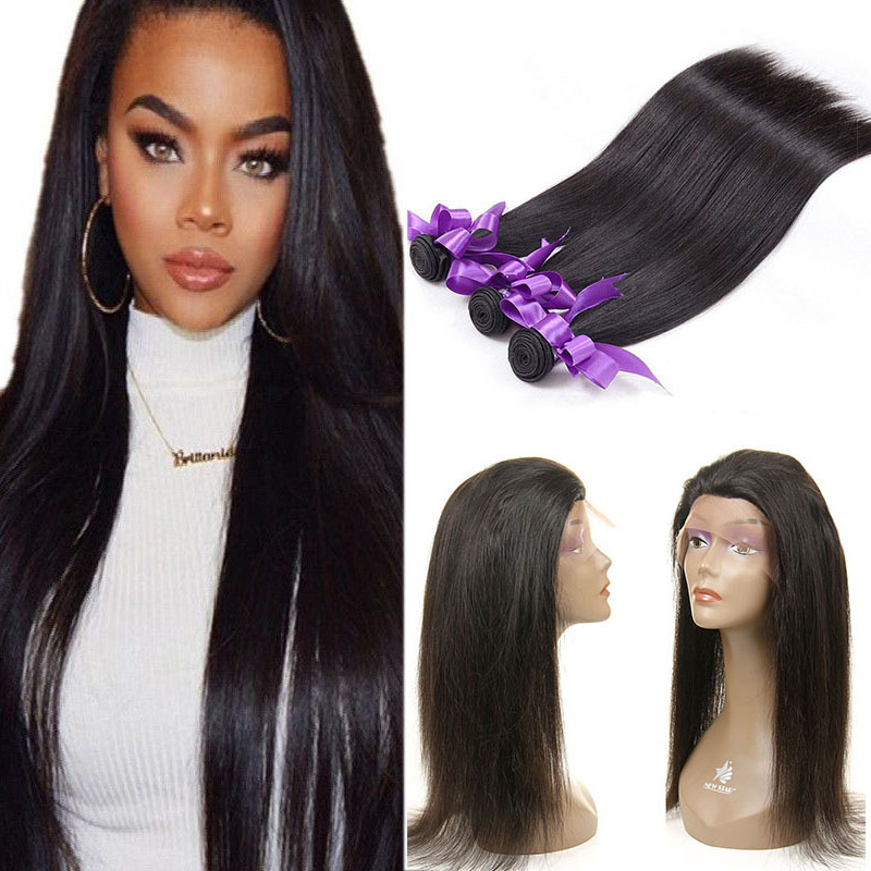 

Malaysian Straight Virgin Hair Weaves 3 Bundles With 360 Full Lace Frontal Closure Peruvian Malaysian Brazilian Remy Human Hair Closures, Natural color