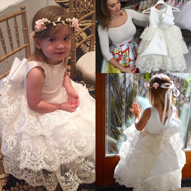 

White Princess Girls Pageant Gowns Ivory Lace Tiered Flower Girl Dresses For Wedding Baby Birthday Party Communion Dress, Grape