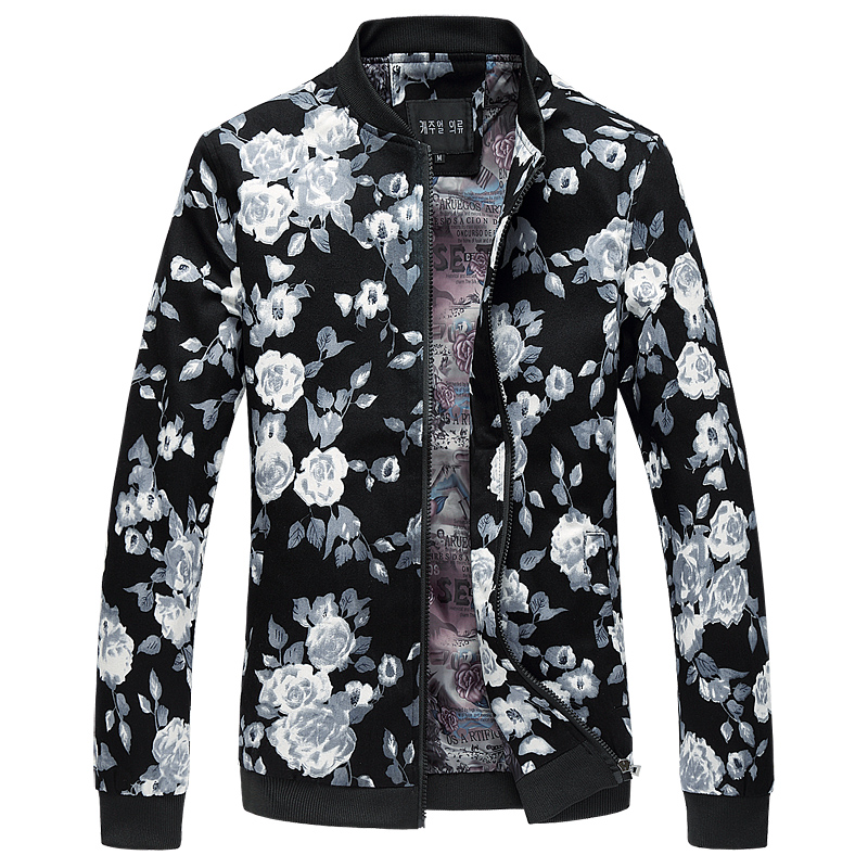 

Men's Jackets Wholesale Fashion Floral Jacket Big Size Stand Collar Long Sleeve Coat Male Collar Leisure Windbreaker, Black