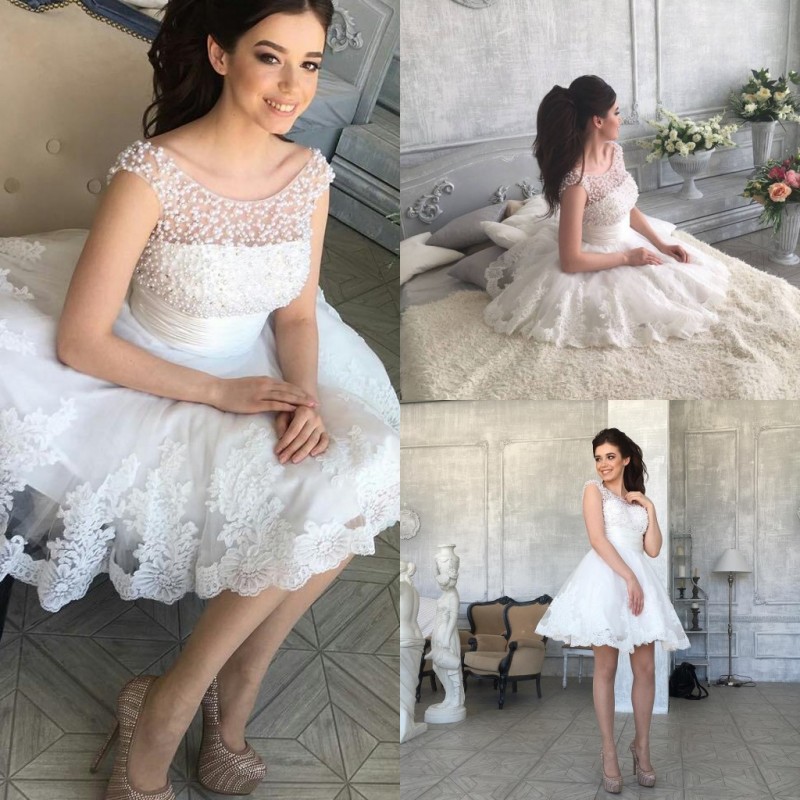 

Short Summer Wedding Dresses Lace Applique Cute Sexy Wedding Dress Beaded A Line Fat Brides Gowns, Silver