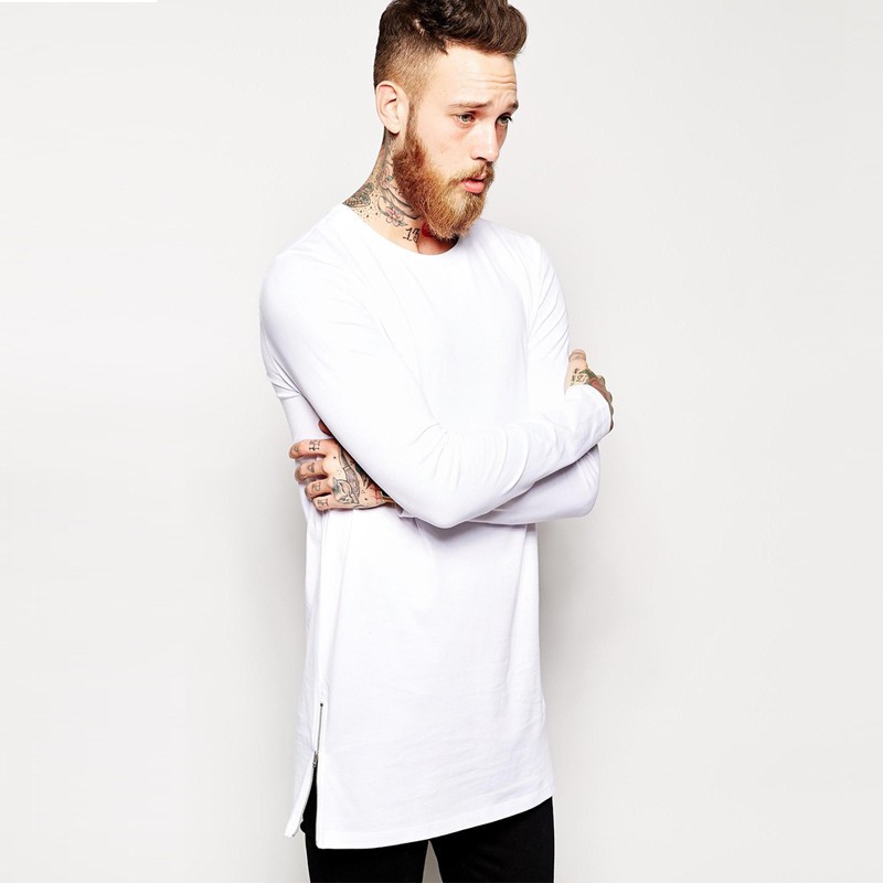 

Fashion High street hip hop Wish Men's long sleeve tee side zipper decoration 100 cotton with long sleeve T-shirt, White