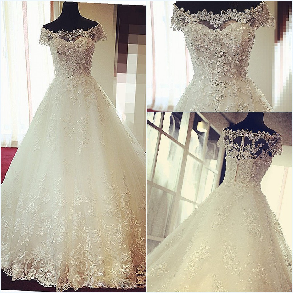 

High Waist Lace Ball Gown Wedding Dresses Strapless Cap Sleeves Zipper Back with Pearls Sweep train Bridal Gowns European Style, Ivory