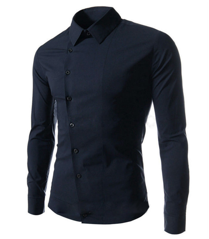 

Wholesale- 2016 Spring Fashion New Casual Shirts Men Korean Slim Design Side Button Long Sleeve Shirts, Navy blue