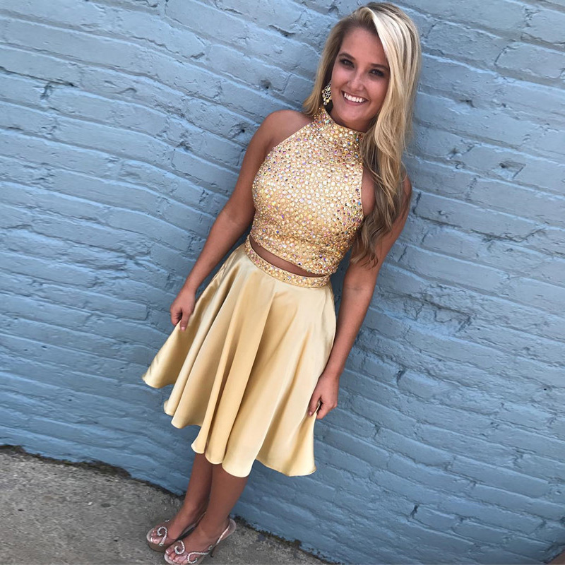 

2018 Newest Gold Two Piece Homecoming Dresses High Neck Crystal Satin Knee Length Short Prom Dresses Keyhole Back Short Party Dresses, Hunter