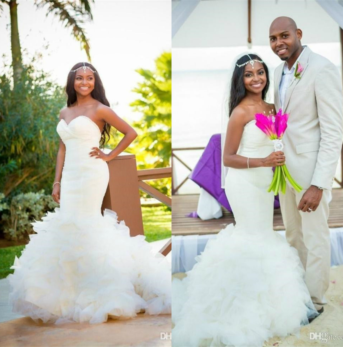 

Mermaid African Wedding Dresses 2019 White Ruffled Tulle Backless Bridal Gowns Sweetheart Beach Style Plus Size Wedding Dress, Champagne