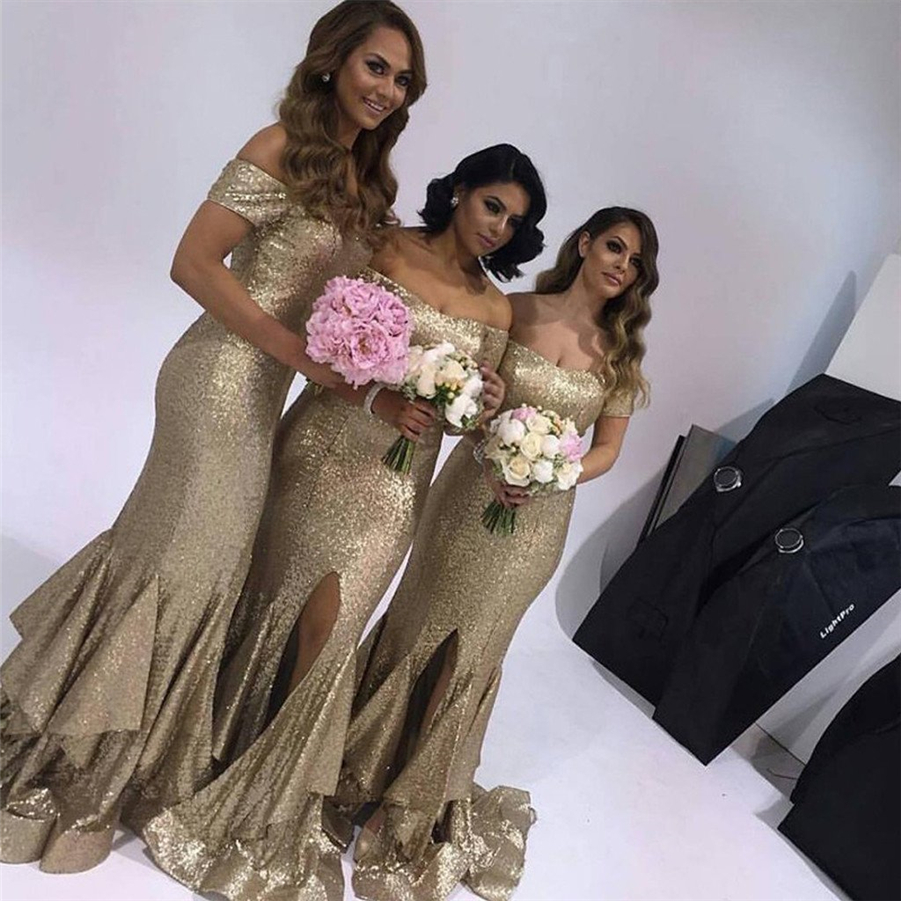 

Popular Off Shoulder Mermaid Champagne Sequin Side Slit Bridesmaid Dresses Wedding Party Dresses vestido de formatura