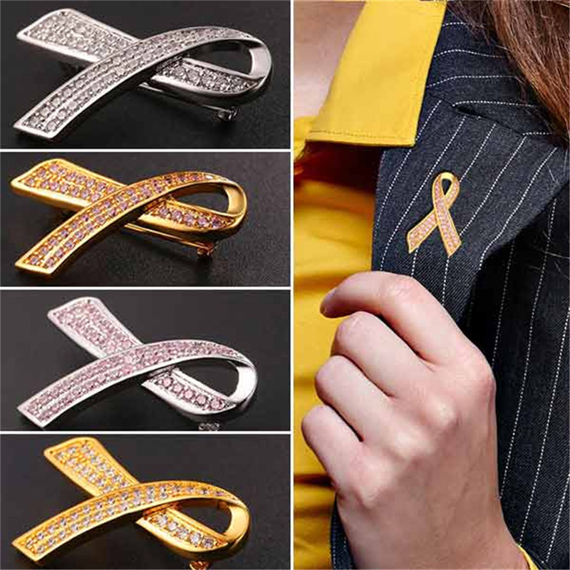 Breast Cancer Awareness Pink Ribbon Brooch Breastpin for Female Platinum/18K Real Gold Plated Women Suit Brooch Pin-image-396163353
