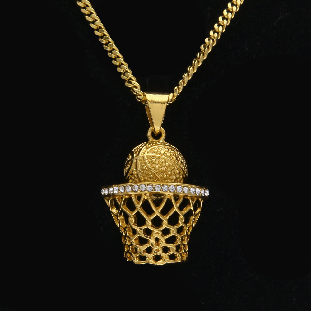 

New Fashion Vintage Silver Basket Rim Hoop Shoot Ball Basketball Stands Charm Pendant Necklace Rhinestone Men Women Gift