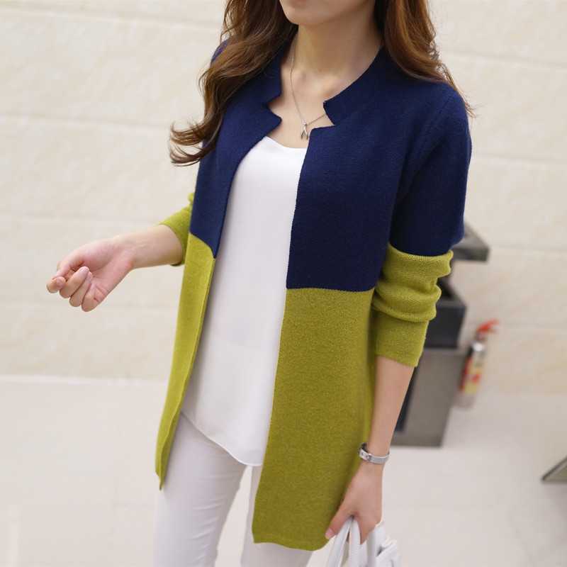 

Wholesale-Women Panelled Patchwork Long Cardigans Korean Autumn New Arrivals Knitted Outwear Casual Long Sleeve Ladies Sweaters 62414, 62414 navy