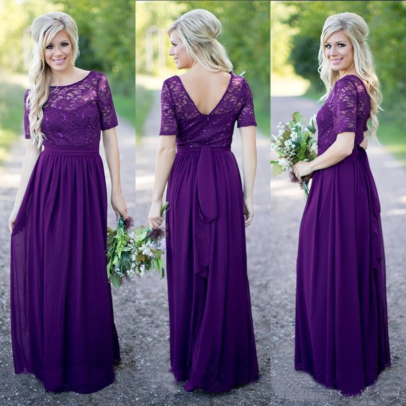 

2012 Purple Bridesmaid Dresses Vintage Lace with Short Sleeves Open Back Sash Chiffon Western Wedding Maid of Honor Dress Prom Evening Gowns