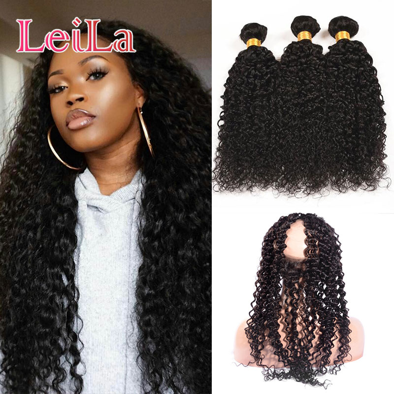 

Brazilian Virgin Hair 3 Bundles With 360 Lace Frontal Pre Plucked Kinky Curly Lace Band 4 Pieces/lot Human Hair, Natural color