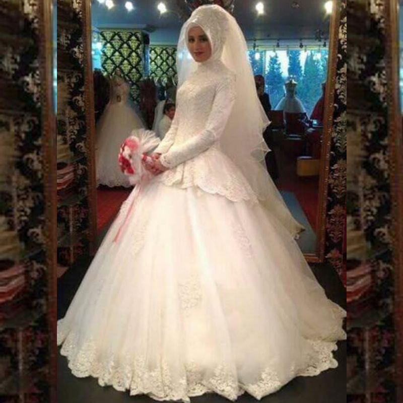

Modest Long Sleeve Muslim Wedding Dresses High Neck Lace Appliques Winter Bridal Gowns with Gorgeous Peplum Design, Ivory