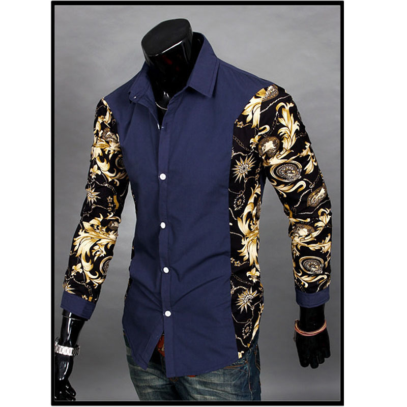 

NEW2017 Spring Autumn Dress Shirts Turn-down Patchwork Printing Fake Two Piece Men's Long Sleeve Shirt Color Matching Men Shirts, Black