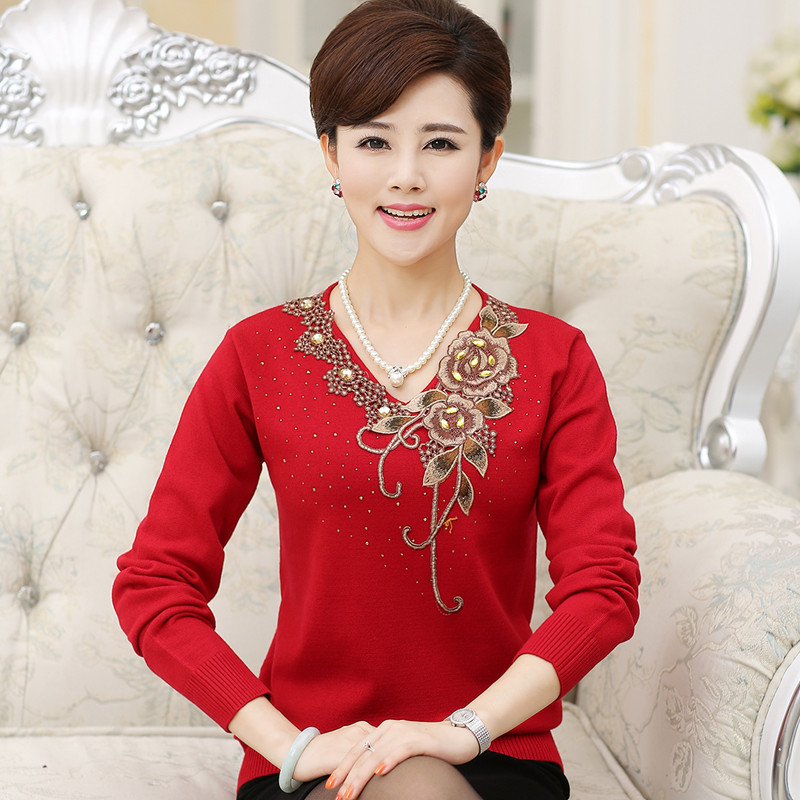 Wholesale- New 2016 autumn and winter women's middle aged long Sleeve pullover warm sweater Fashion embroidery women sweater 7 colors