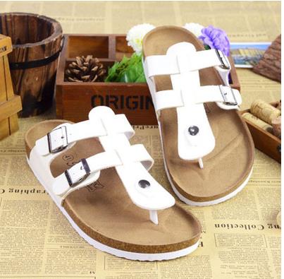 

2017 New Summer Designer Women Sandals Lovers PU Leather Corks Sole Beach Slippers Sandals For Women Fashion Couple Clogs Flip Flops Shoes, White