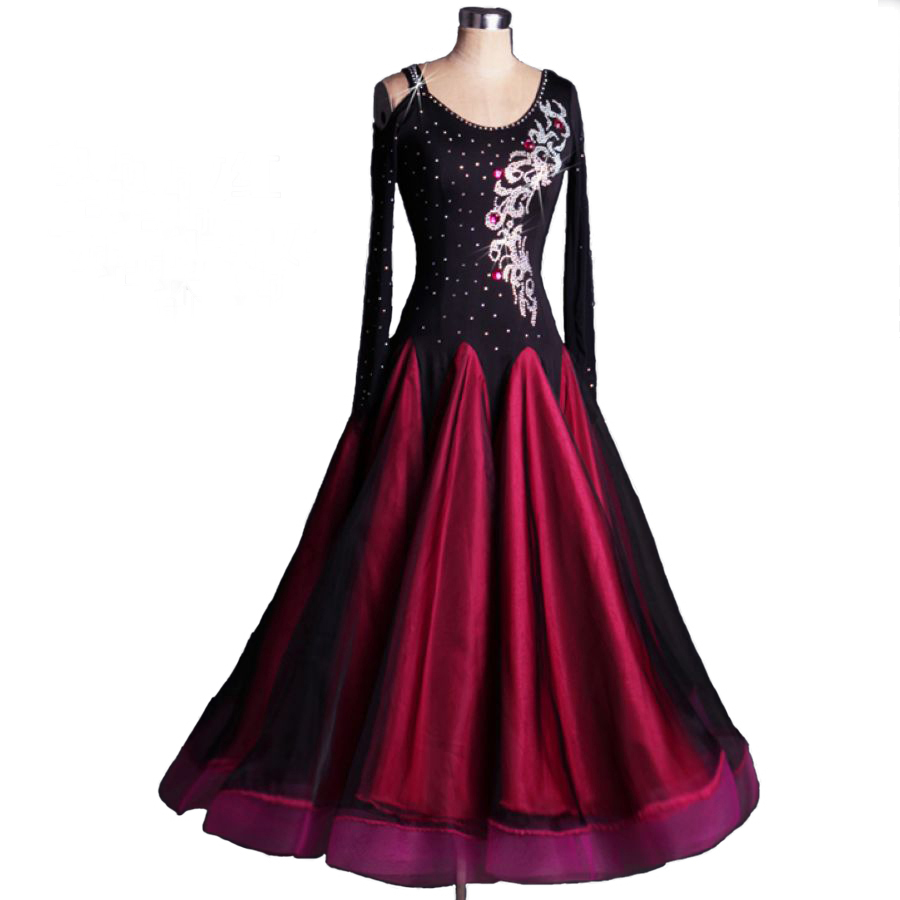 

Standard Ballroom Dress Ballroom Dance Competition Dresses Waltz Flamenco D114 Long Net Sleeve Black with Rhinestones Applique Big Sheer Hem, Rose