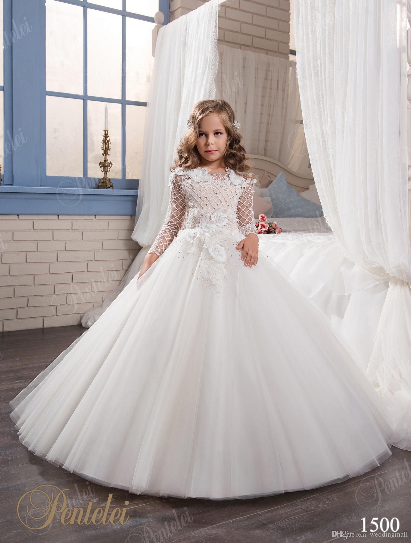 

Arabic 2017 3D-Floral Appliques Flower Girl Dresses Long Sleeves Beaded Child Dresses Beautiful Flower Girl Wedding Dresses, Burgundy