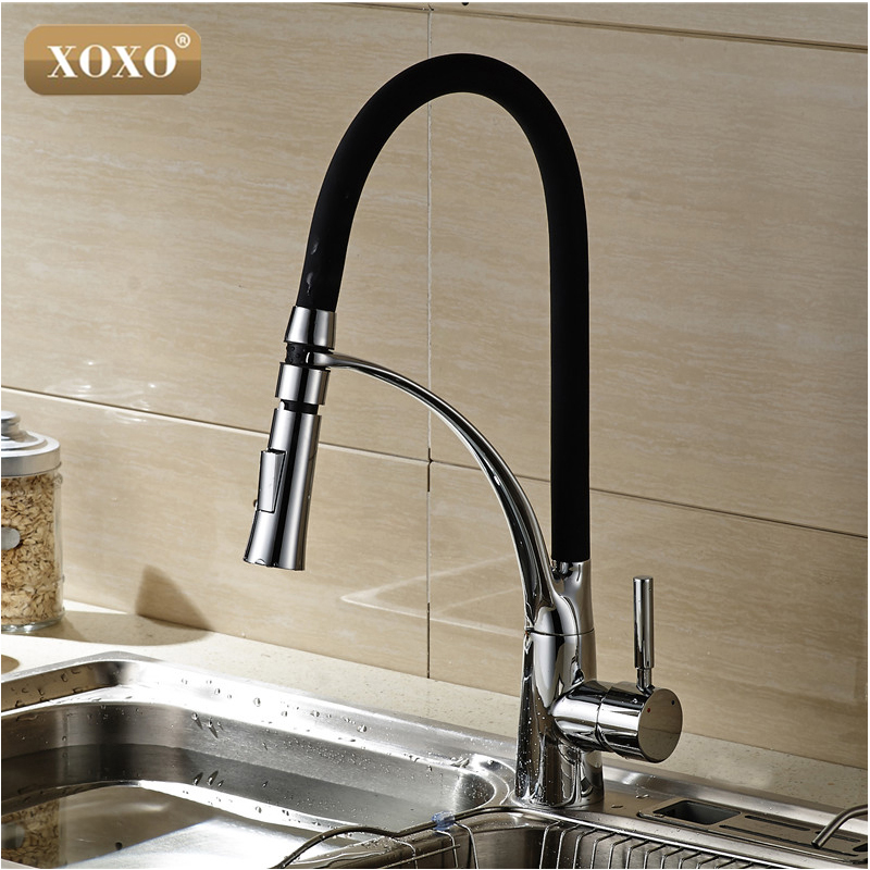 

Wholesale- XOXOBlack and Chrome Finish Kitchen Sink Faucet Deck Mount Pull Out Dual Sprayer Nozzle Hot Cold Mixer Water Taps83013