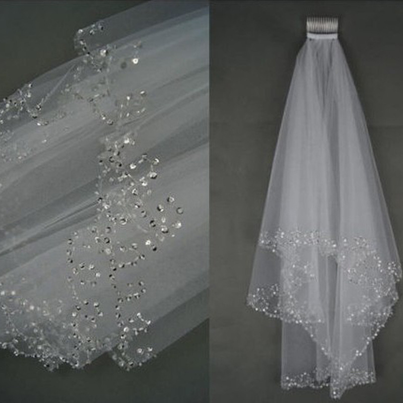 

Hot Sale 1.5 Metres Two-Layers Sequins Beaded Edge Cheap Bridal Veils With Comb White Ivory Soft Tulle Veil For Wedding Party, Black