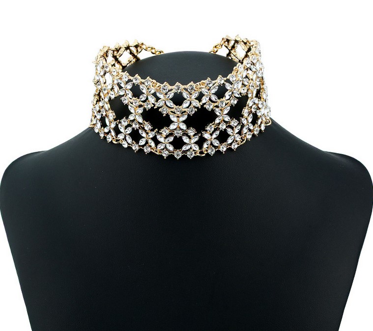 

New Women Silver Gold Chunky Chain Collar Jewelry Full Multi Layer Rhinestone Flower Chokers Necklaces Statement Necklace FG
