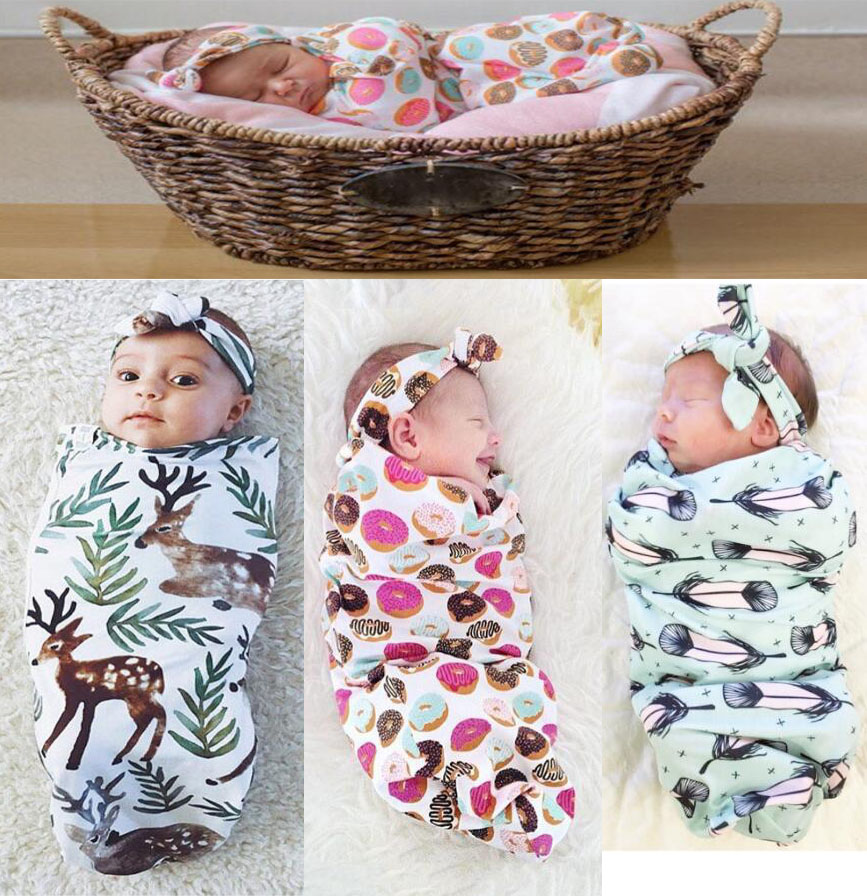 Ins New Infant Baby Swaddle Sleeping Bags Baby Boys Girls Muslin Blanket Headband Newborn Baby Soft Cotton Cocoon Sleep Sack Two Piece Set-image-397190467