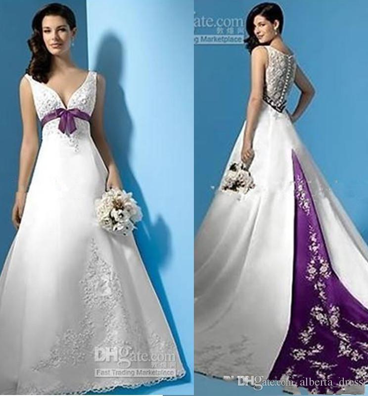 

Best Selling White and Purple Satin A-Line Wedding Dresses Empire Waist V-Neck Beads Appliques Bow 2017 Bridal Gowns Custom Made, Black