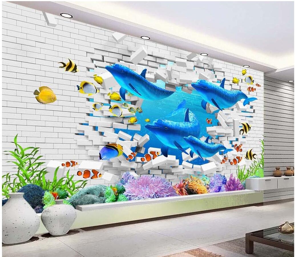 

3d room wallpaper custom photo mural 3D broken brick wall Marine dolphin coral tropi painting picture 3d wall murals wallpaper for walls 3 d, Non-woven