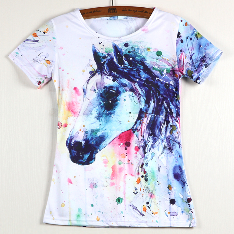 Wholesale-Hot Sale New Summer Fashion Women T Shirts Short Sleeve T-shirts Eagle Feather Flower Horse Cat Design Woman T shirt Casual Tops