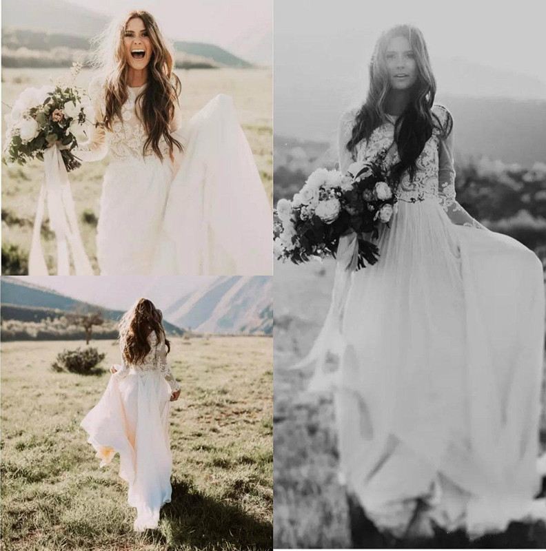 

Bohemian Country Wedding Dresses Long Sleeves Bateau A Line Lace Applique Chiffon Boho Bridal Gowns Custom Made, White