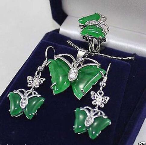 

Jewelry butterfly green jade pendant Necklace earrings ring set, Mixed colors