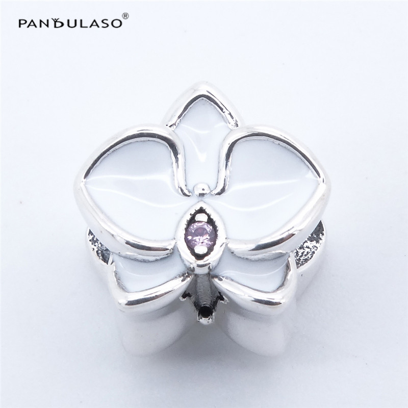 Pandulaso White Orchid Charm Beads for jewelry making Fits Pandora charms Bracelets Woman DIY Silver 925 Jewelry 2017 Summer-image-401738063