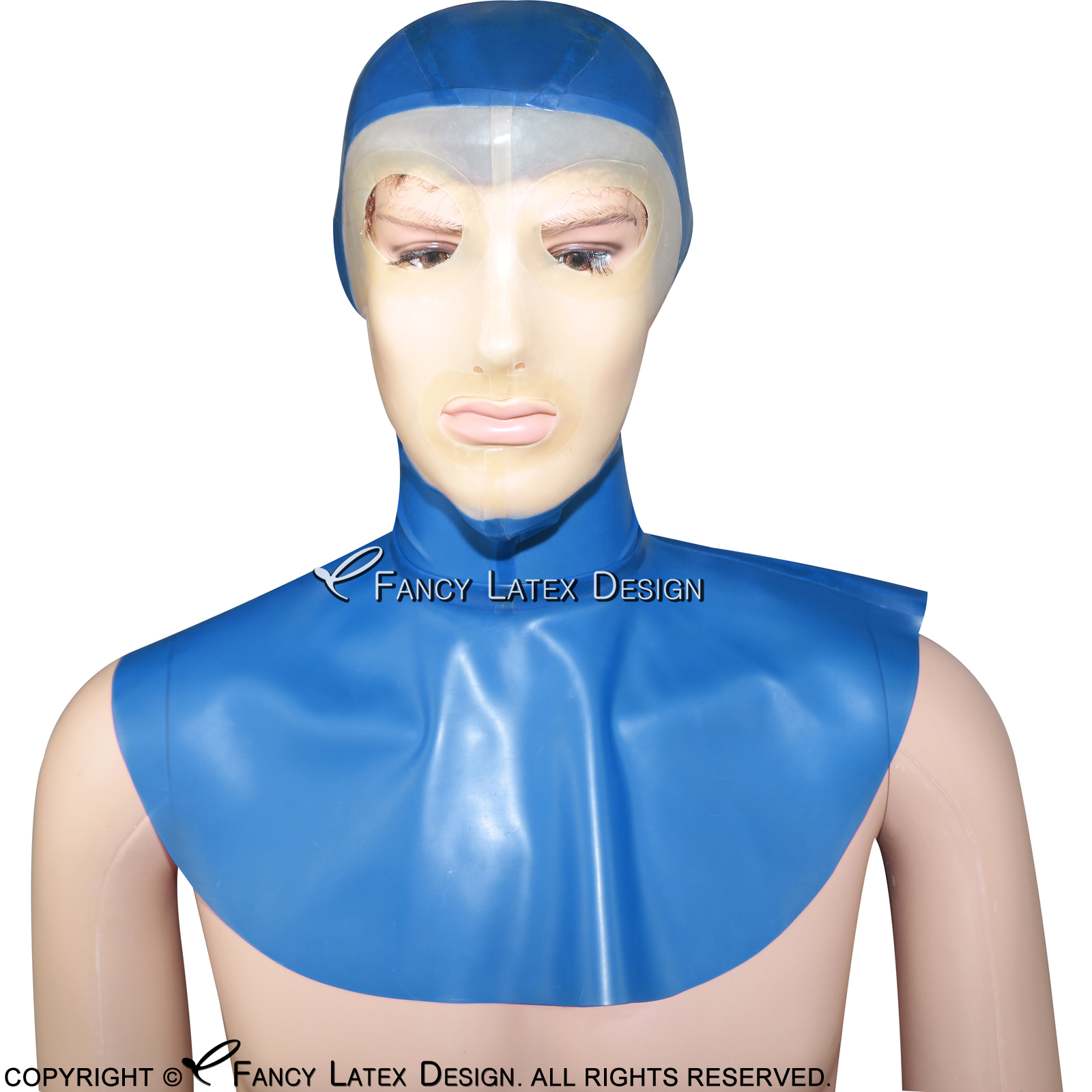 

Transparent Blue With Transparent Face Sexy Latex Hood With Zip At Back Open Eyes Mouth Nose Rubber Mask TT-0097, Silver