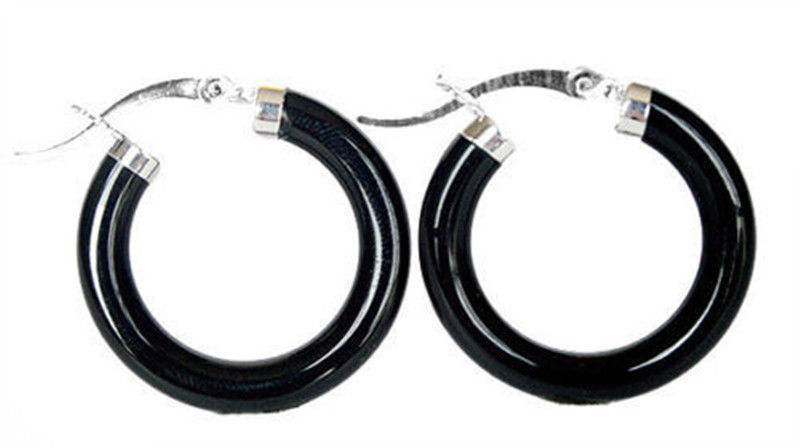 Boucles d'oreilles créoles en argent sterling 925 avec agate onyx noire à la mode