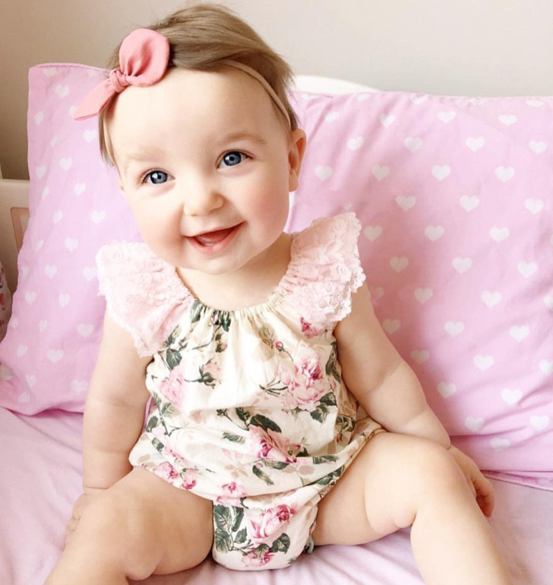 

Ins Baby Girls Floral Printed Lace Rompers Cute Infant Toddle One Piece Set Newborn Onesies Baby Jumpsuits Kids Clothes Children Clothing, Beige