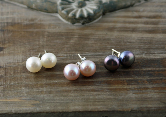 JLN Button Shape Freshwater Pearl Stud Earring With 925 Sterling Silver Accessory White Pink Lavender Peacock Button Pearl Earrings