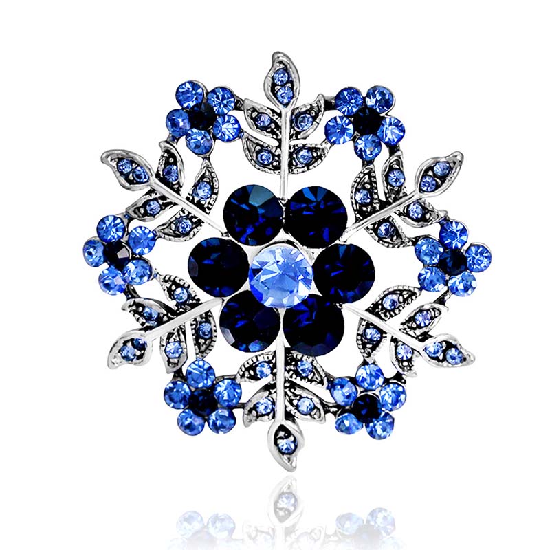 

Vintage Blue Snow Flower Brooches For Women Hats Dresses Crystals Round Corsage Antique Silver Plated Turkish Brooch DropShip