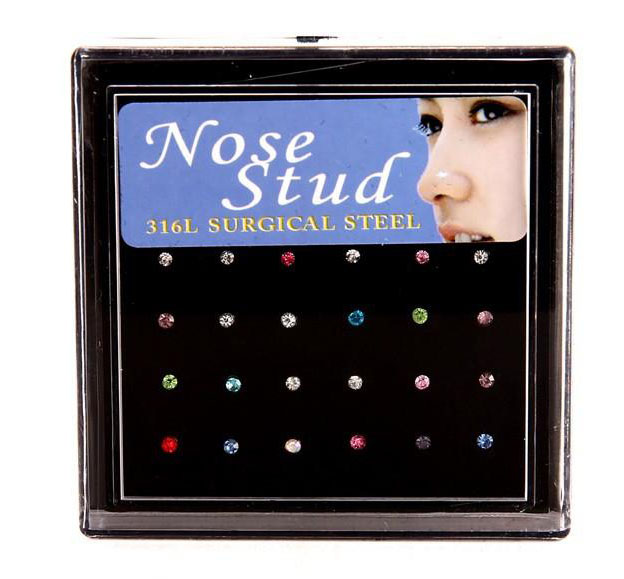 

24pcs/set Nose Ring Fashion Body Jewelry Nose Stud Rhinestone 316L Stainless Surgical Steel Nose Piercing Crystal Stud ak107, Silver