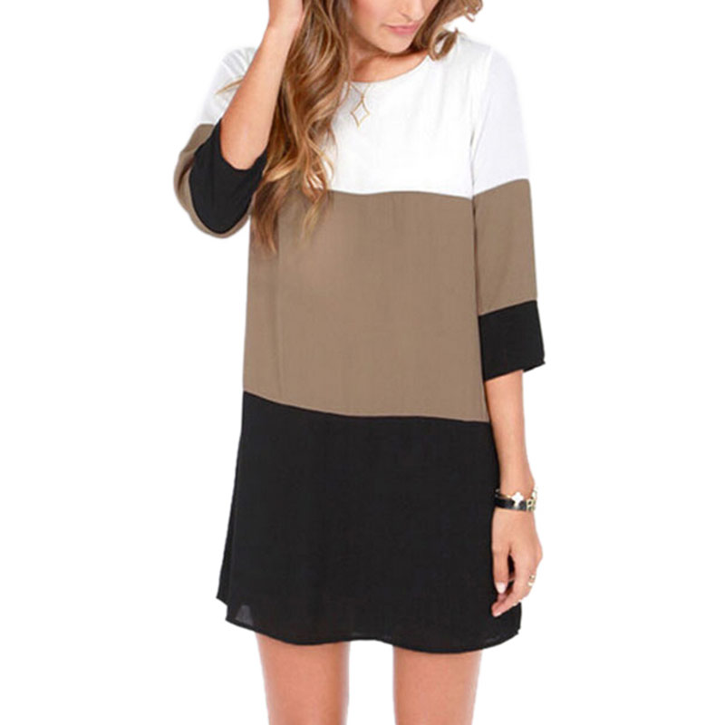 Wholesale- New Fashion Women Casual Dress 2017 Autumn Winter Contrast Color Blocks Chiffon Half Sleeves Shift Tunic Vestidos Feminina