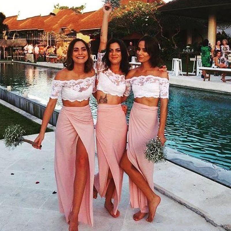 

2017 Two Pieces Beach Bridesmaid Dresses Off the Shoulder Lace Crop Short Sleeves High Slit chiffon Bridesmaid Formal Dress